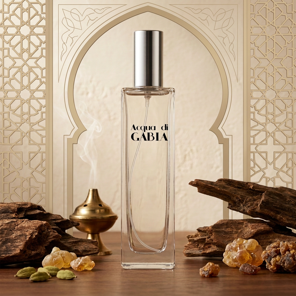 Portada árabe de hombre con arcos, celosías, oud e incienso