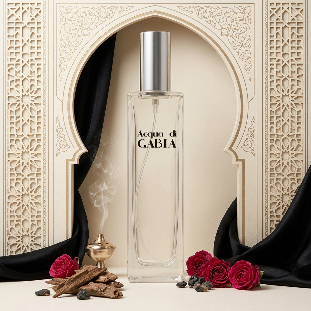 Portada árabe de mujer con arcos, celosías, rosas y oud