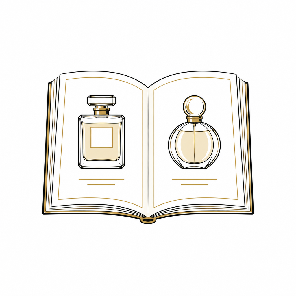 Icono de catálogo abierto con frascos de perfume